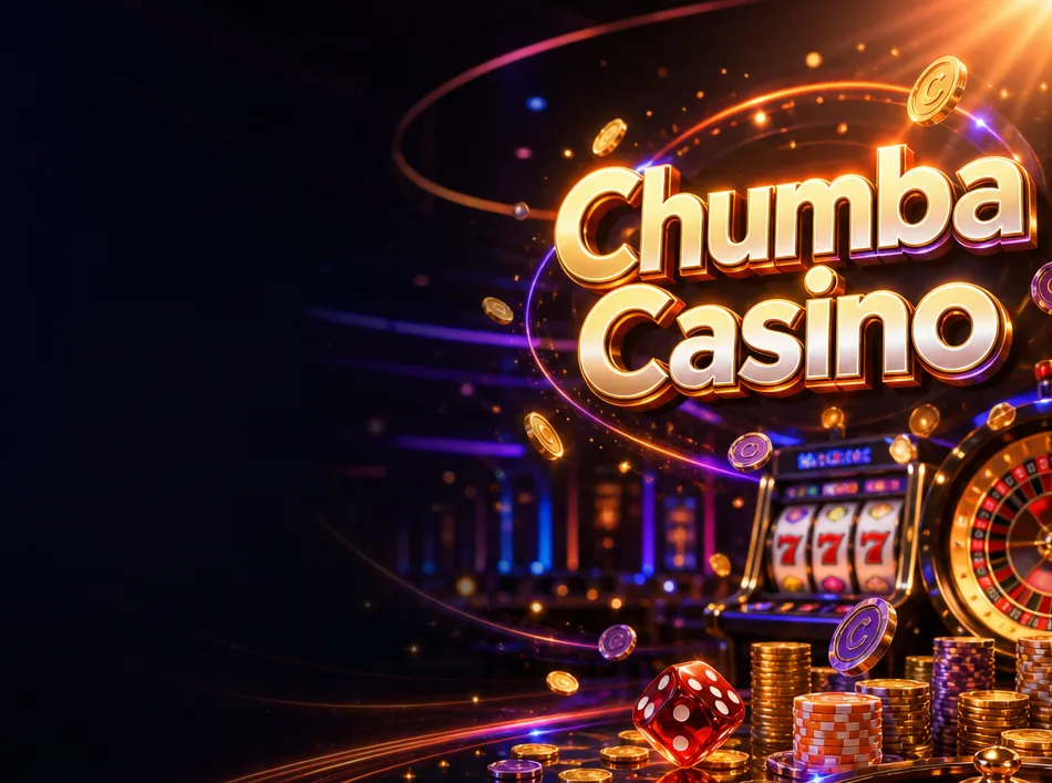 Generate a photorealistic, high-energy hero banner image for an online social casino brand called "Chumba Casino".
Scene com